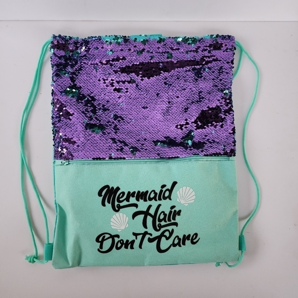 NWT Mermaid Hair Dont Care Sequins Aqua Purple Drawstring Backpack